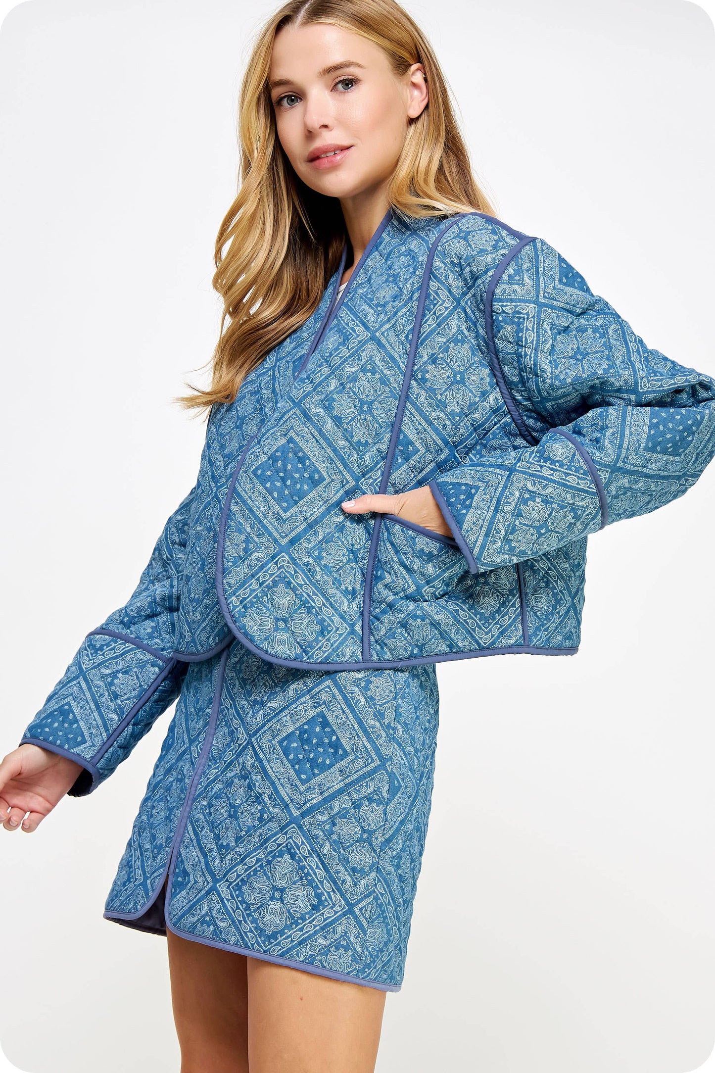 Print Padded Quilt Piping Detail Jacket