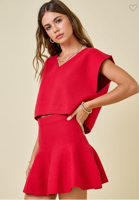 Red Vneck Top & Flare Skirt Set