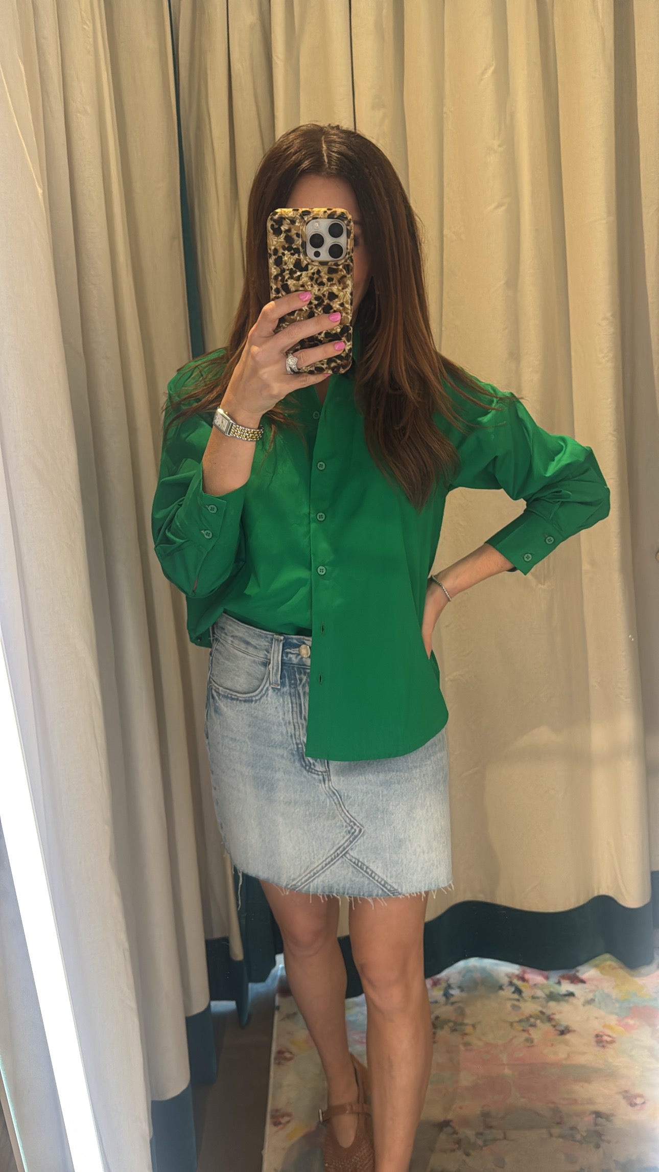 Green Eyelet Button Up Top