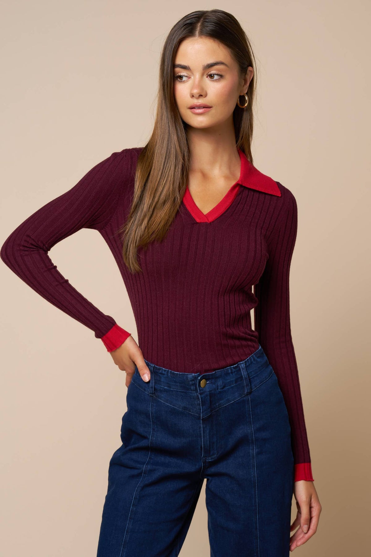Contrast Collar Ribbed Knit Sweater