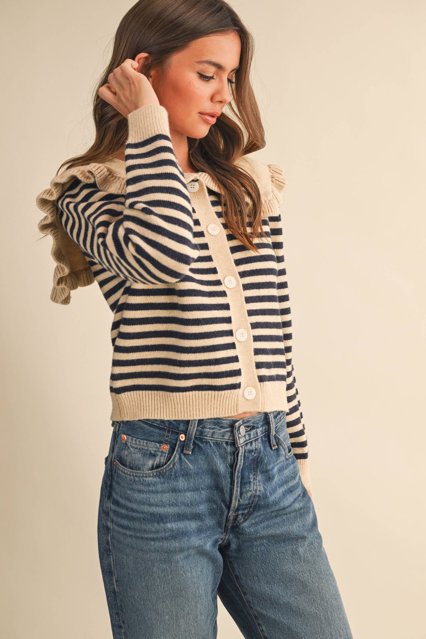 Ruffle Collar Stripe Cardigan