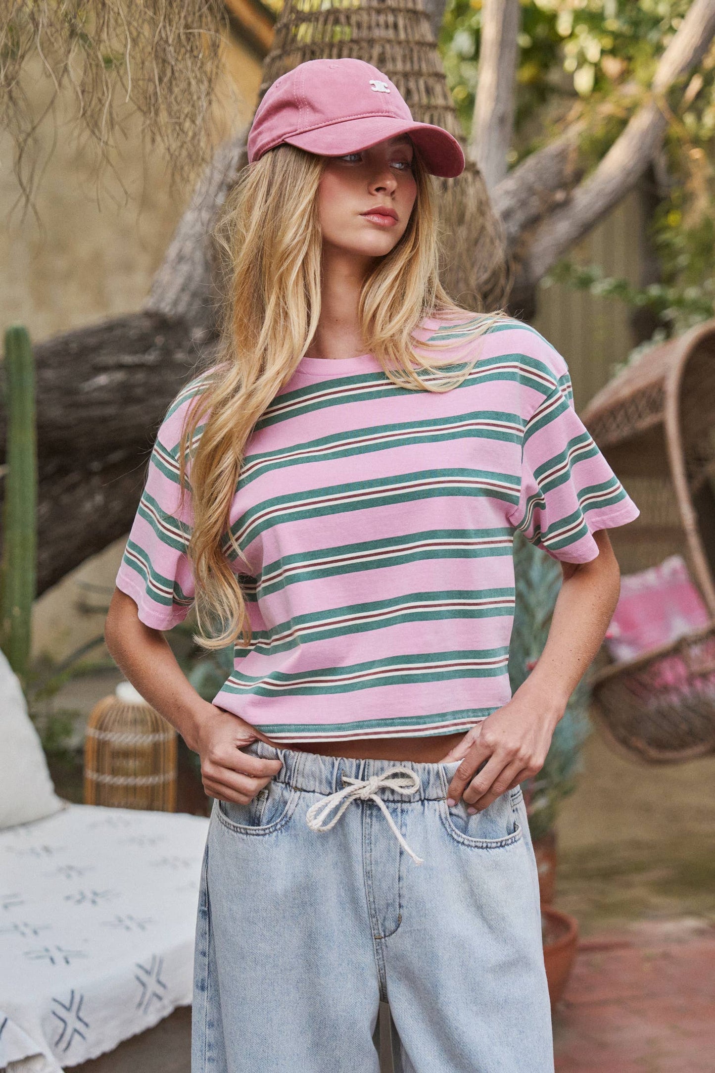 Vintage Washed Striped Cotton Crop Tee