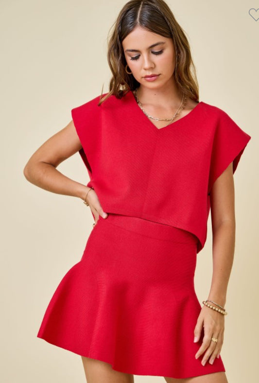 Red Vneck Top & Flare Skirt Set