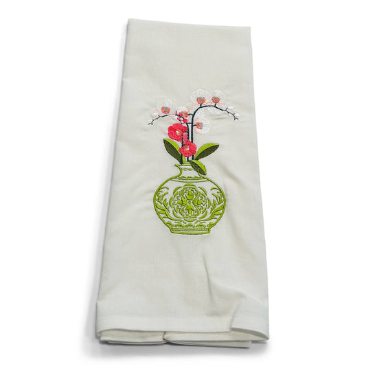 Towel - Green-and-White Jar with Orchid