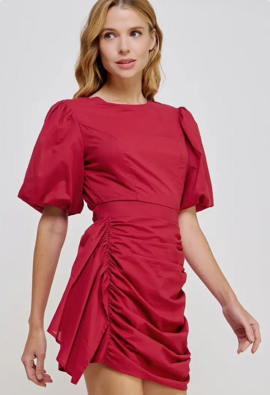 Ruched Short Puff Sleeve Voile Mini Dress