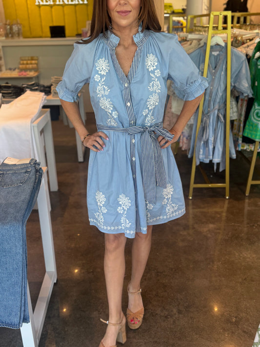 Blue Short Sleeve Embroidered dress