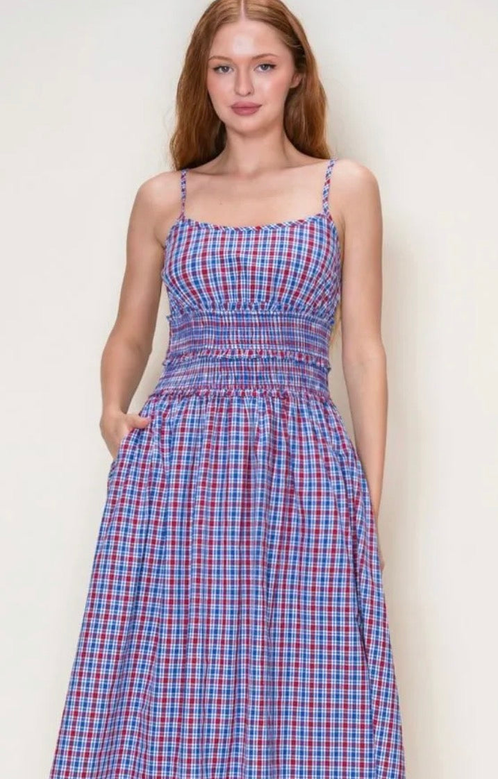 Smocked Waist Gingham Midi Dress