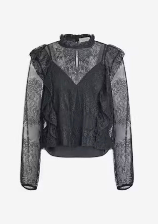 A black sheer lace long-sleeve blouse with a high mock neck, ruffled shoulders, and a pleated front, shown against a plain light gray background.