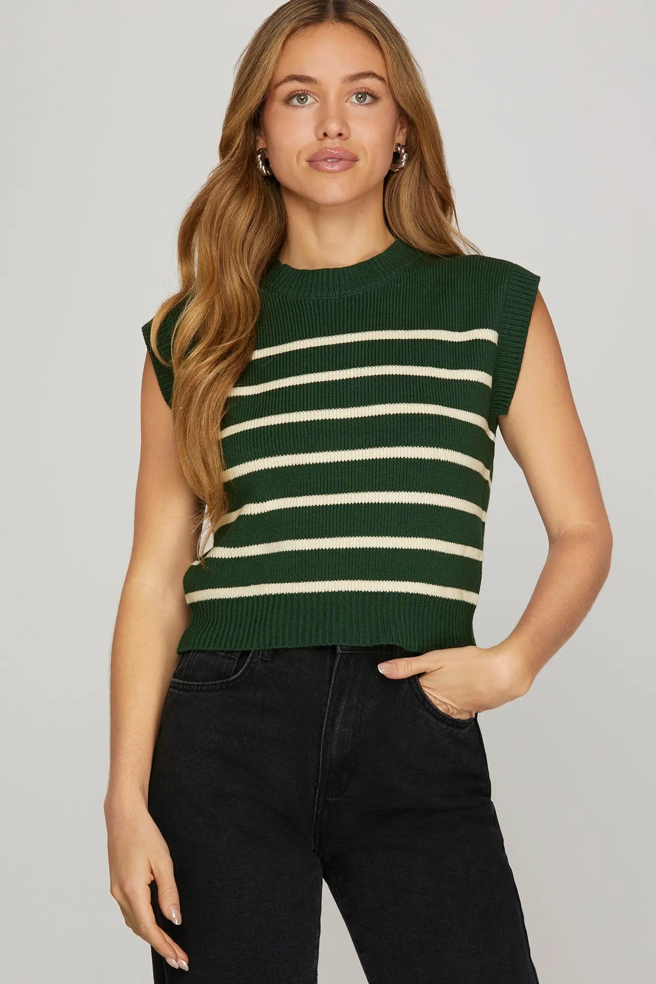 Hunter Green Striped Sleeveless Sweater