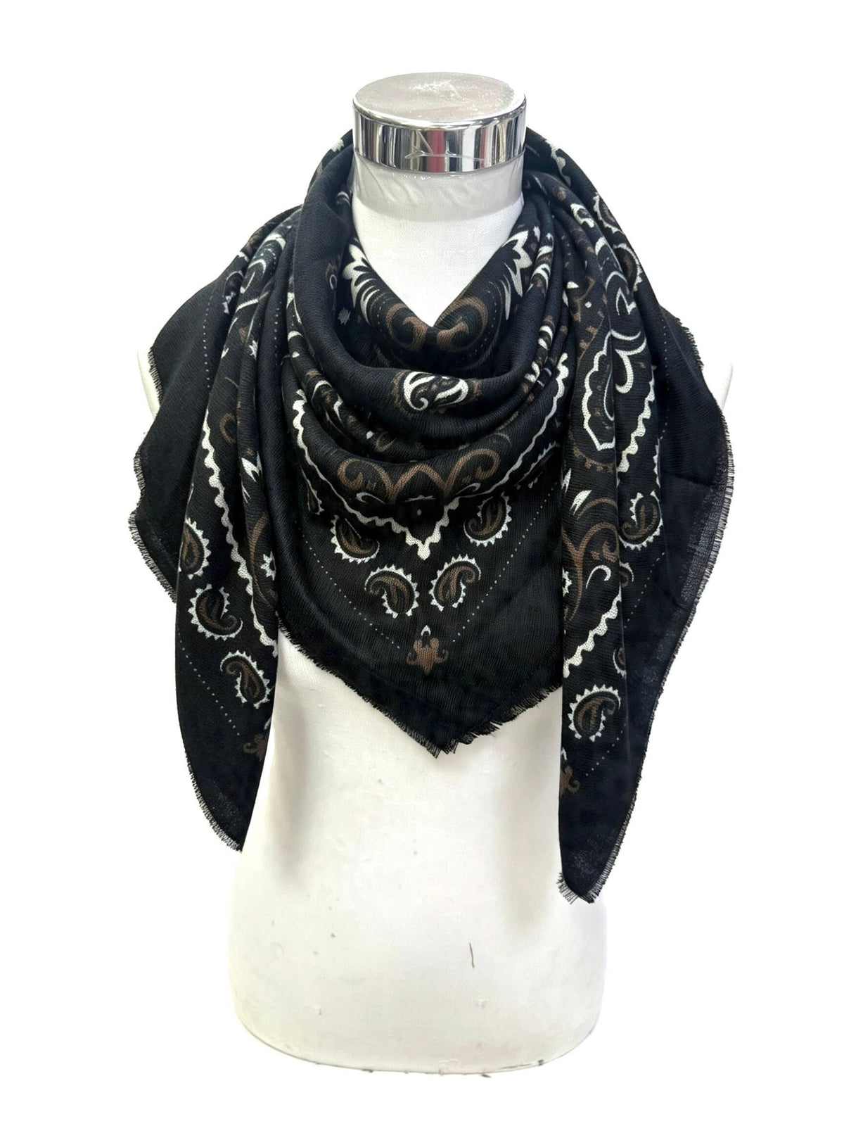 A black square scarf with a white and brown paisley pattern, draped on a white mannequin torso against a white background.
