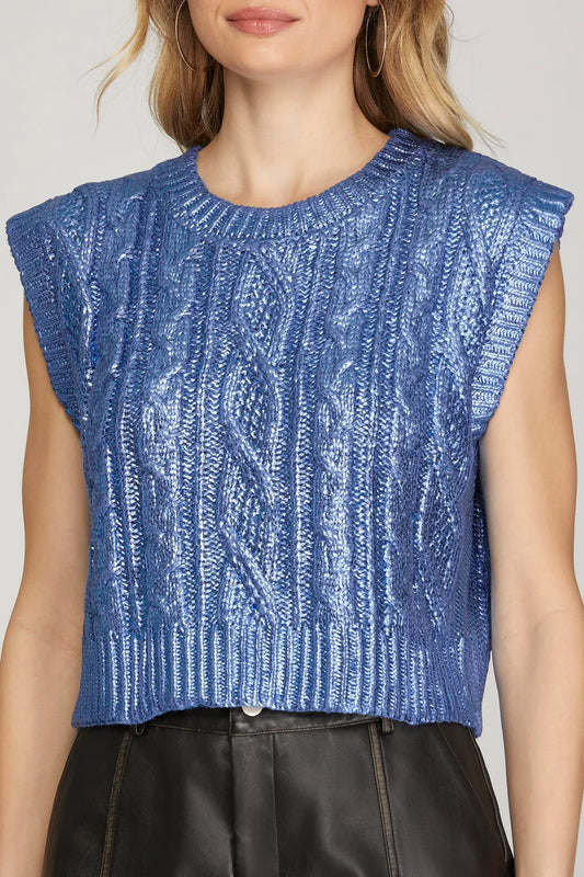 She and sky blue metallic cable knit sweater 