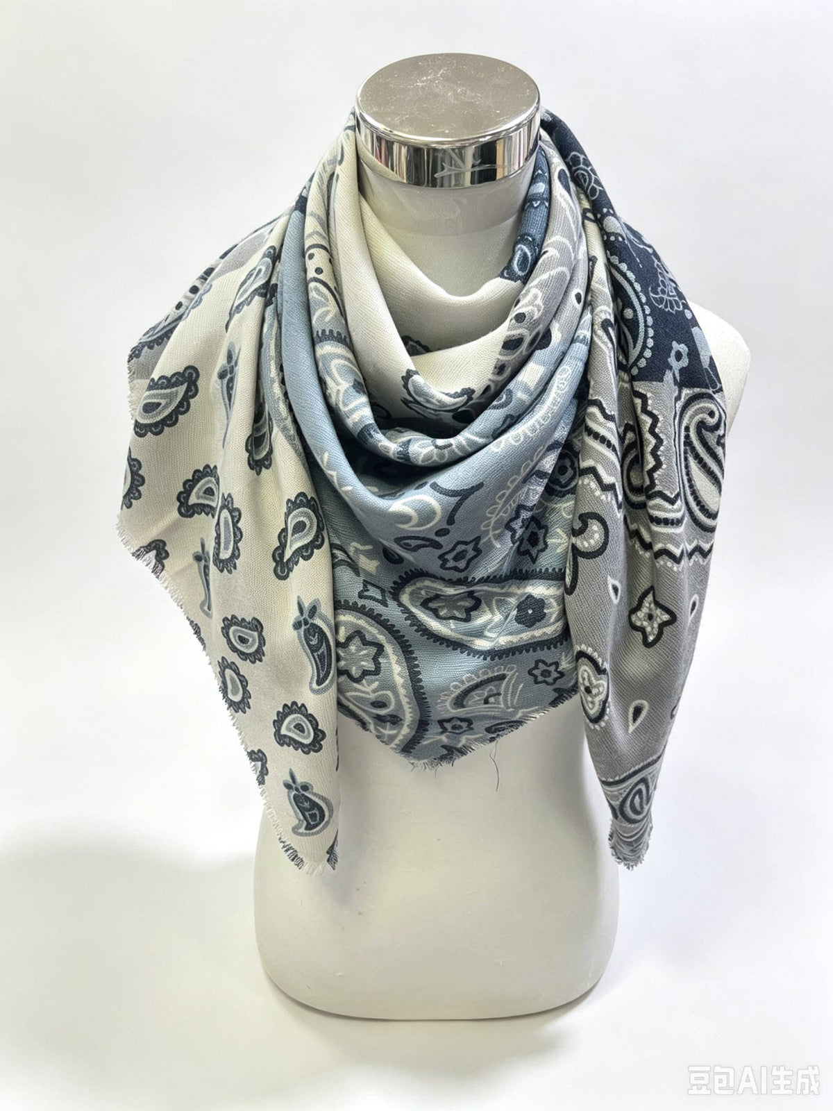 A light blue and gray paisley patterned scarf draped on a white mannequin torso against a white background.