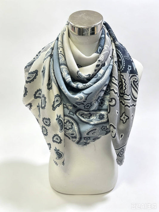 A light blue and gray paisley patterned scarf draped on a white mannequin torso against a white background.