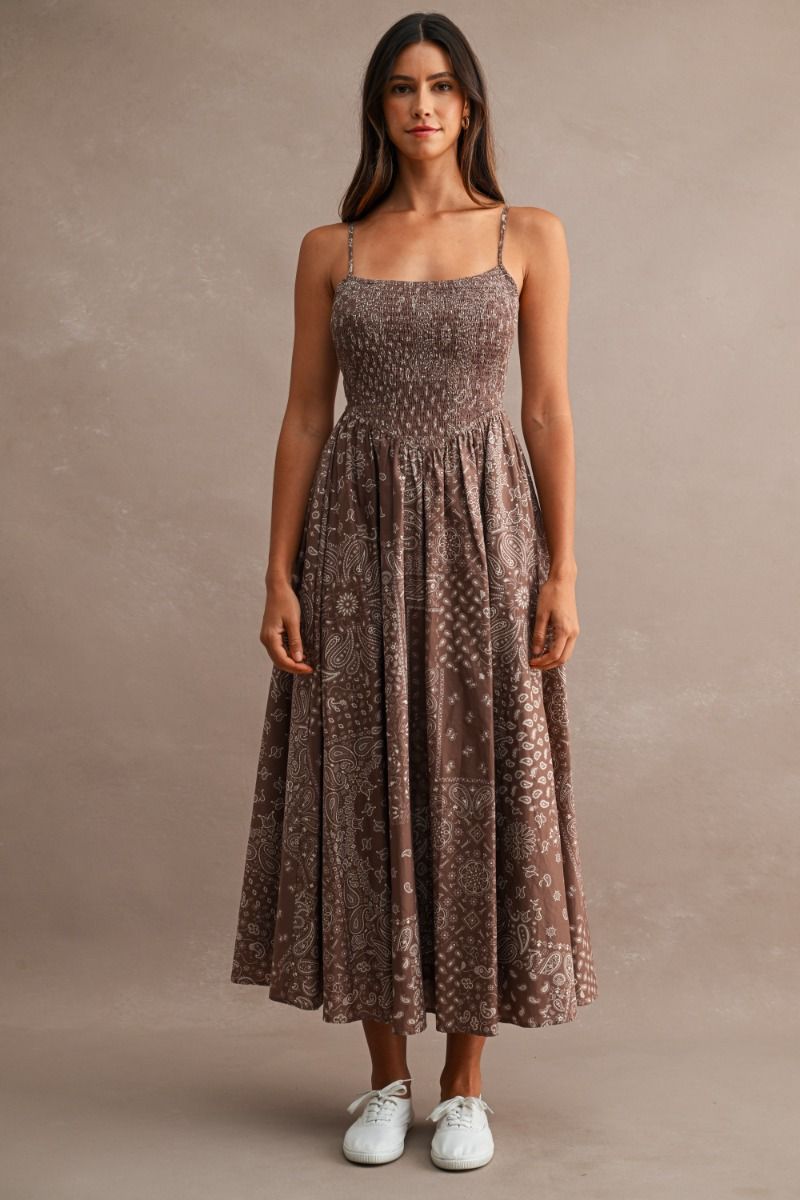 Brown bandana dress mable midi dresses paisley print dresses 