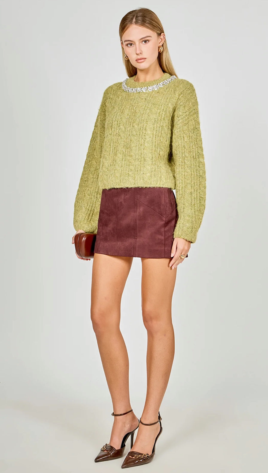 Chartreuse Fuzzy Jeweled Sweater