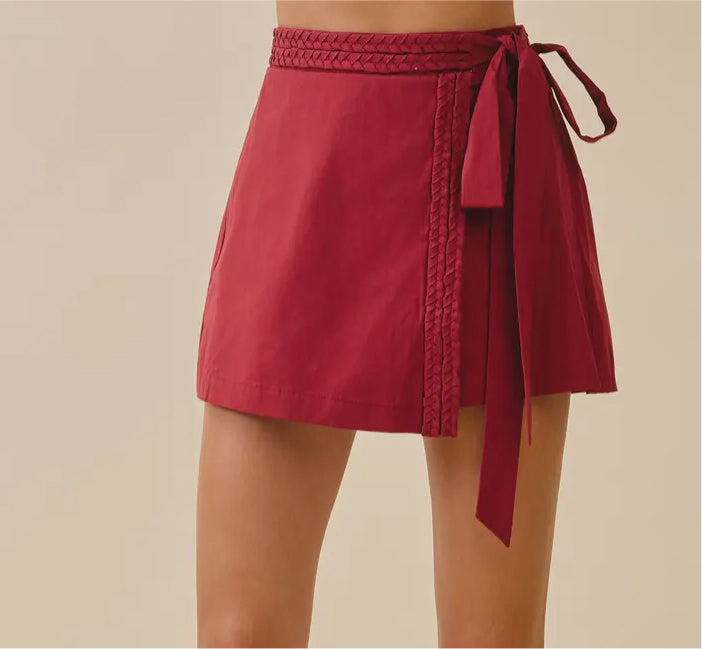 Wrap Front Braided Trim Detail Self Tie Skort
