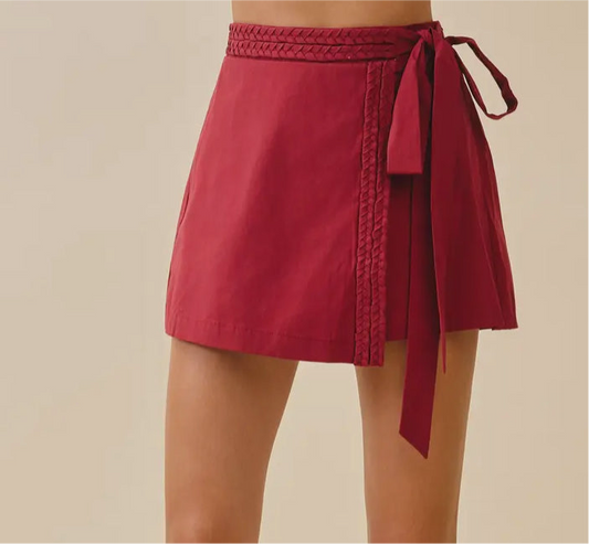 Wrap Front Braided Trim Detail Self Tie Skort
