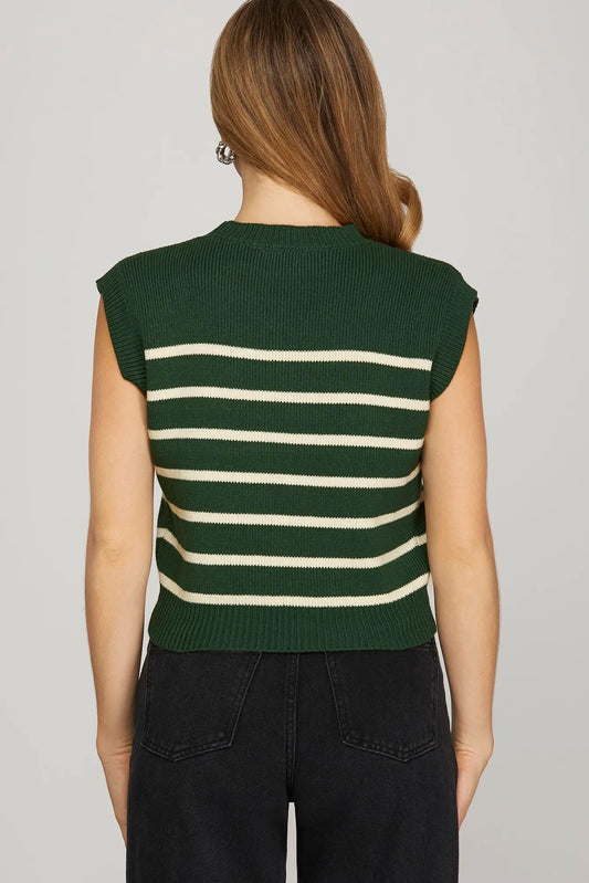 Hunter Green Striped Sleeveless Sweater