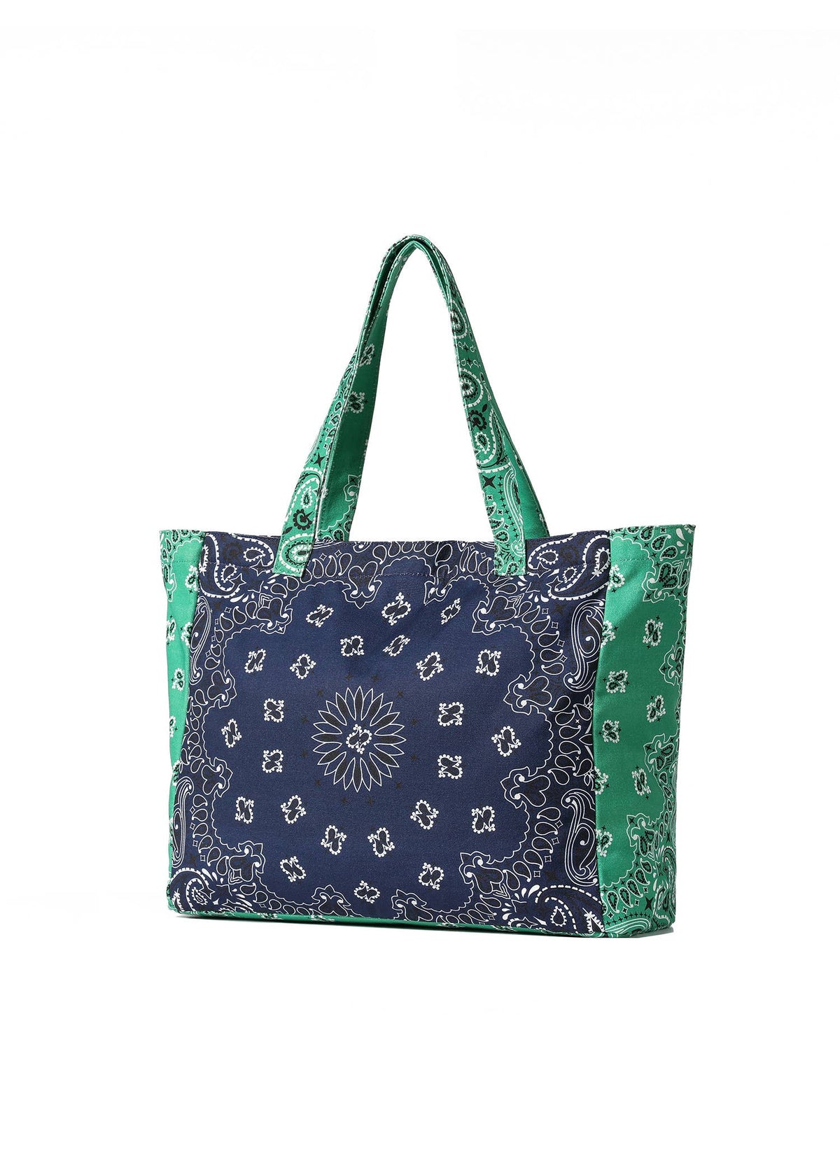 Tote bag with green and blue bandana pattern on a white background