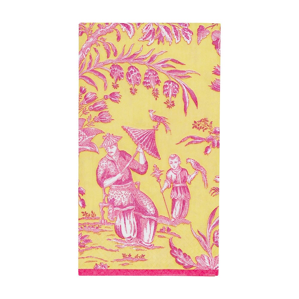 Towel with pink floral and figure design on a yellow background
