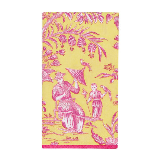 Towel with pink floral and figure design on a yellow background