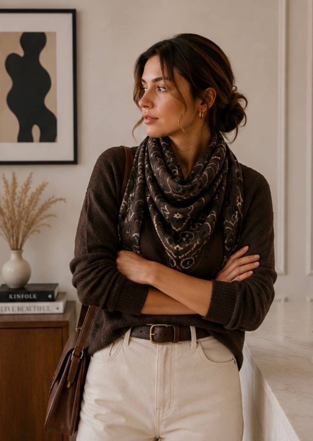 A woman wearing a dark brown knit sweater and a patterned brown and black scarf, standing in a warmly lit indoor setting.
