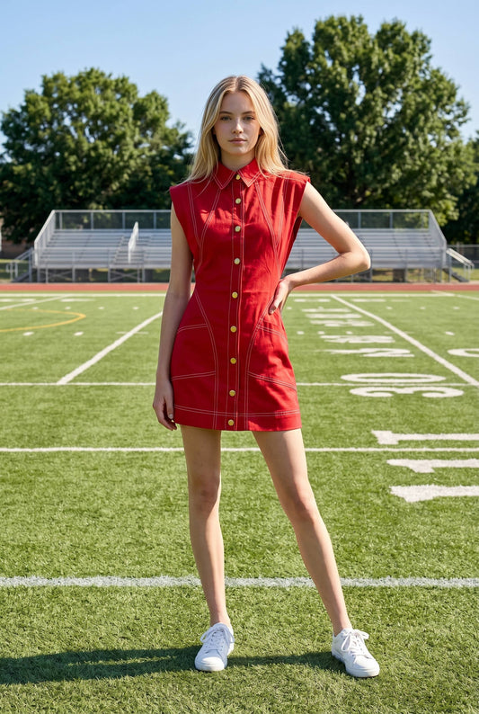 A woman stands on a green football field wearing a bright red sleeveless mini dress with gold buttons and white sneakers.