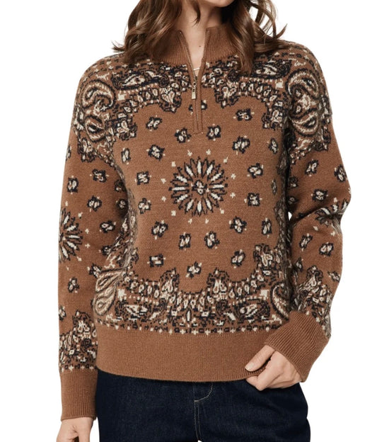 Caramel Paisley Quarter Zip Sweater