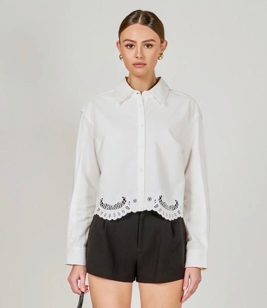 White Embroidered Button Up Top