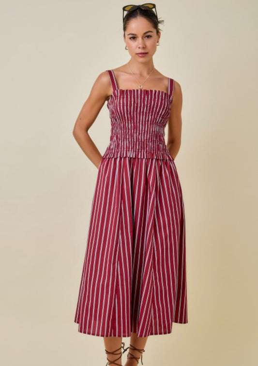 Day and moon striped maroon crimson midi dress 