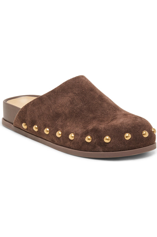 A brown suede mule slipper with gold-tone metal studs along the toe edge, shown from a side profile on a white background.