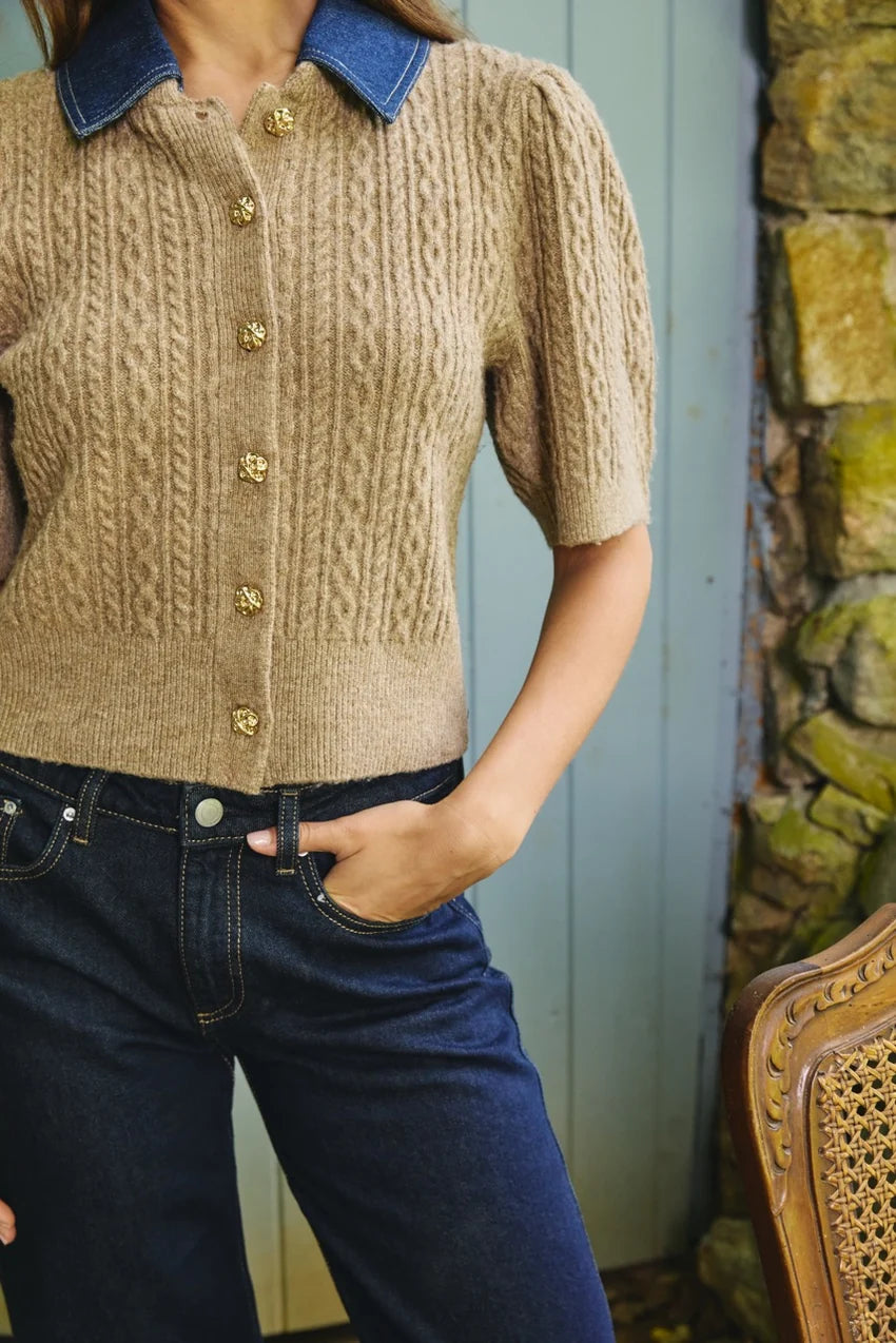 Lane Cableknit Cardigan with Denim Collar
