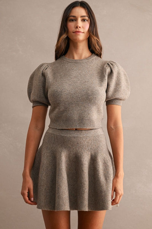 Puff Sleeve Knit Top & Skirt Set