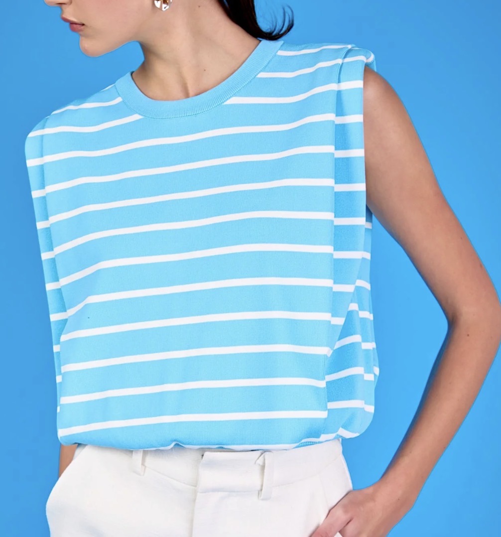 Stripe Sleeveless Pleated Knit Top-L