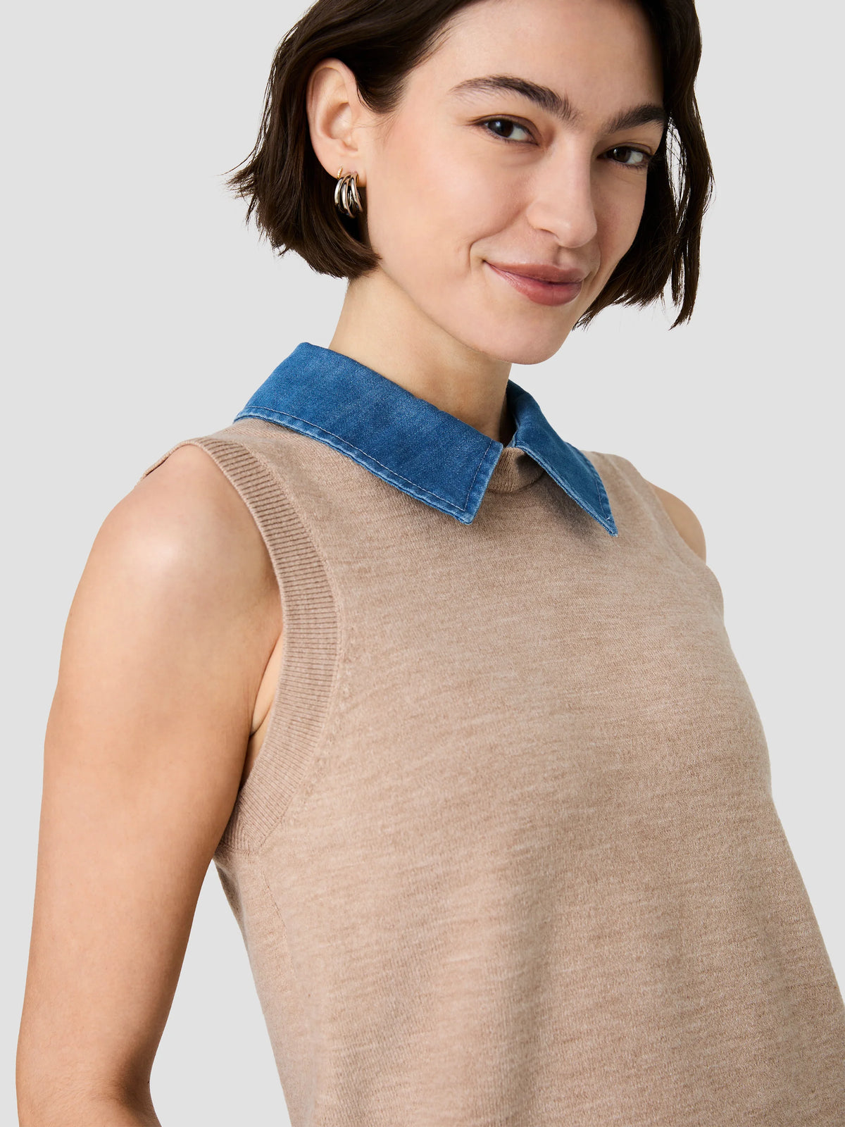 Taupe Knit Top with Denim Collar