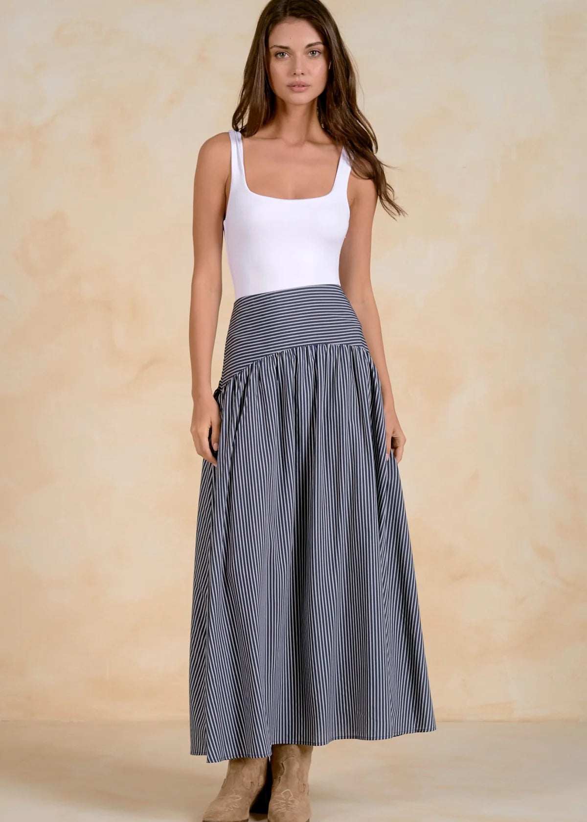 Elan navy white striped drop waist maxi skirt 