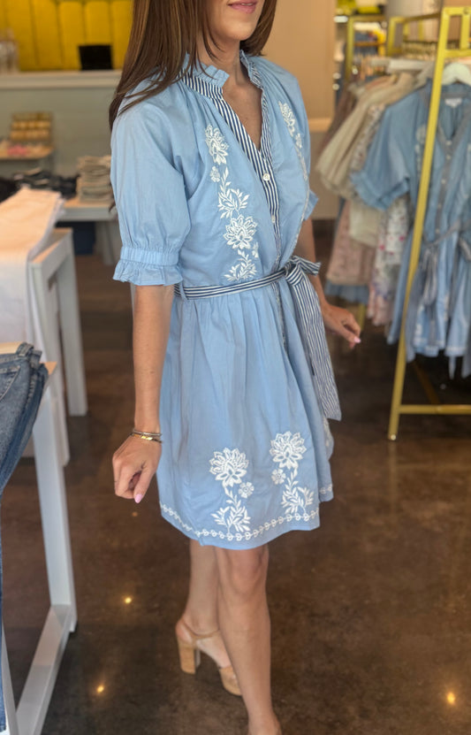 Blue Short Sleeve Embroidered dress