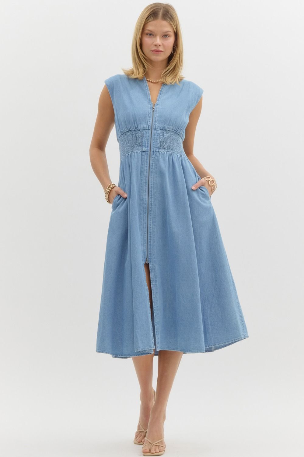 Denim Cap Sleeve Midi Dress