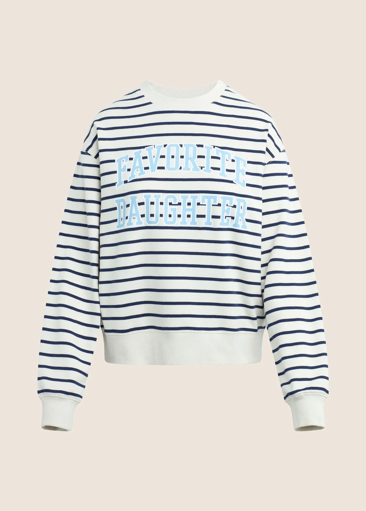A long-sleeve crewneck sweatshirt with navy blue and white horizontal stripes, featuring the text 'FAVORITE DAUGHTER' printed across the chest in light blue.