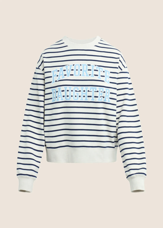 A long-sleeve crewneck sweatshirt with navy blue and white horizontal stripes, featuring the text 'FAVORITE DAUGHTER' printed across the chest in light blue.