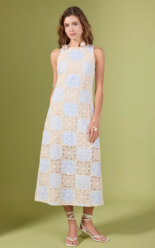 Baby Blue Cream Crochet Maxi Dress