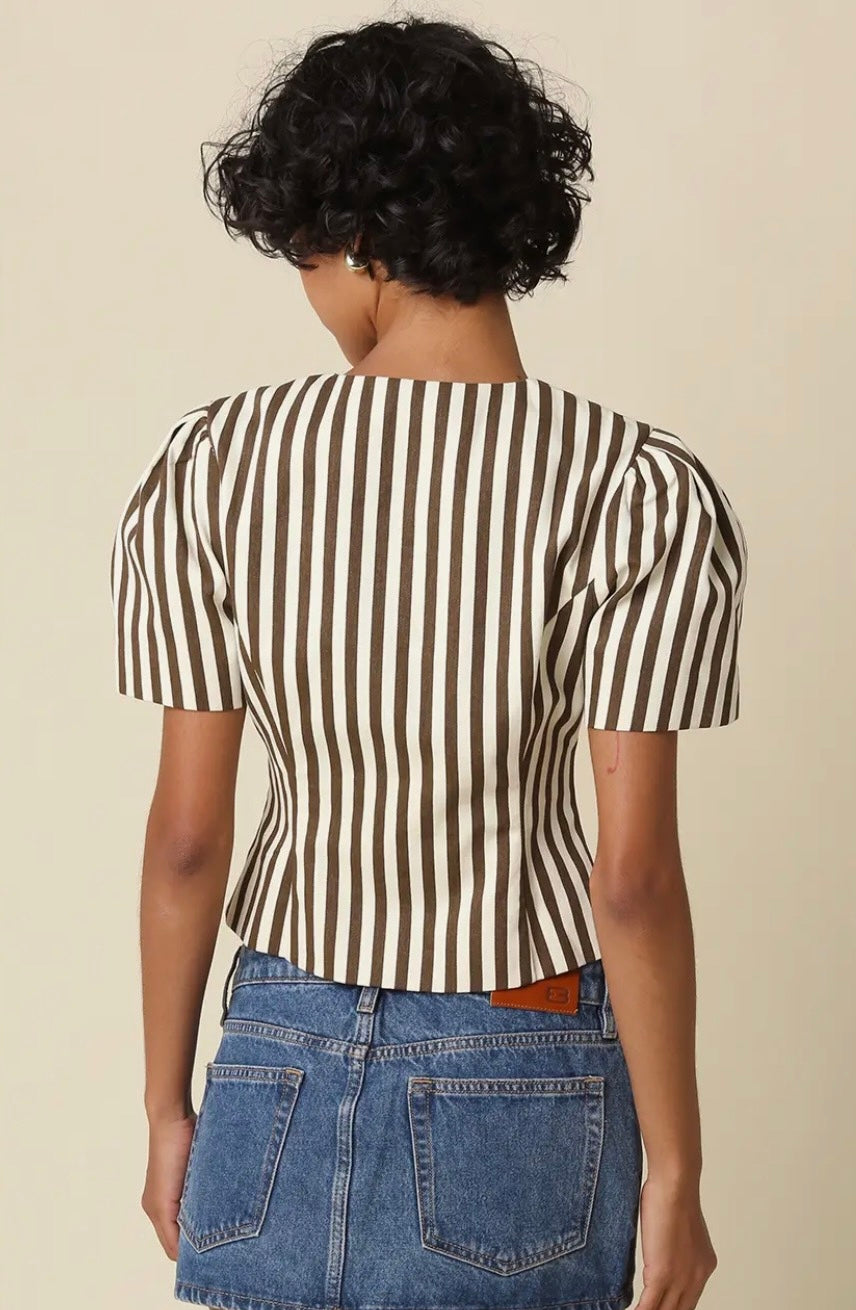 Brown Stripe Button Up Denim Top