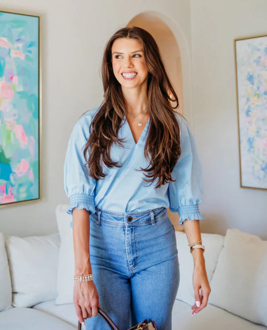 Solid Vneck Puff Sleeve Top in Baby Blue