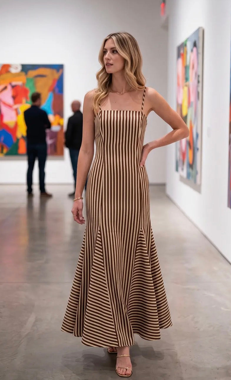 Brown & Cream Stripe Long Dress