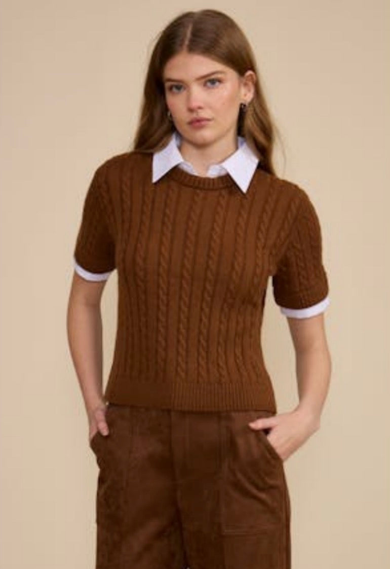 Brown Cableknit Collar Sweater