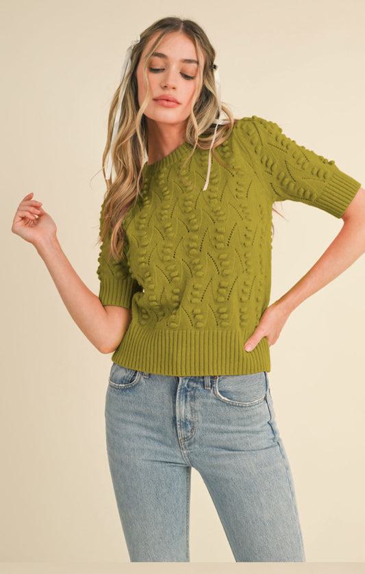 Knit short sleeve sweater in Golden Kiwi