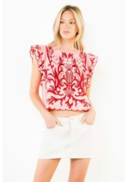 Pink & Red Embroidered Top-S