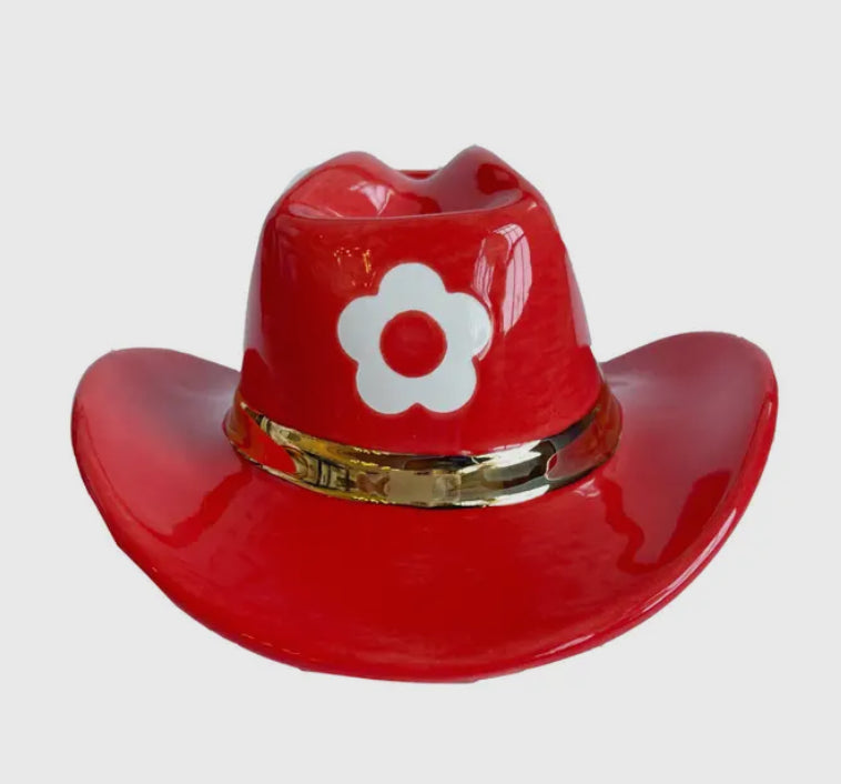 Ruby Red Ceramic Cowboy Hat with Star Accent