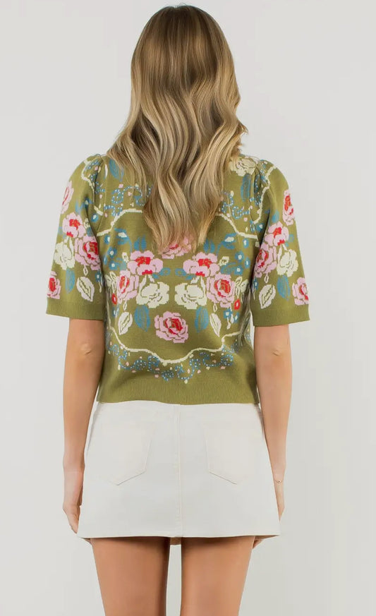 Short Sleeve Floral Knit Top in Olive