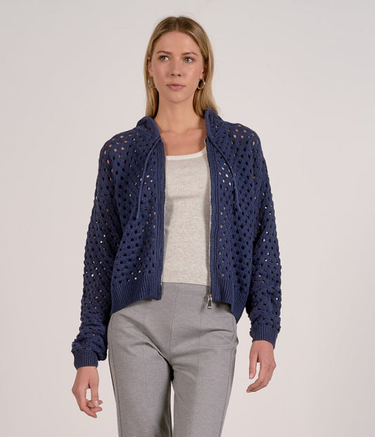 Navy Open Knit Zip Up Sweater